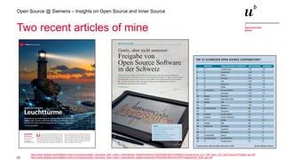 23
Open Source @ Siemens – Insights on Open Source and Inner Source
Two recent articles of mine
https://www.digitale-nachhaltigkeit.unibe.ch/unibe/portal/fak_naturwis/a_dept_math/c_iinfamath/abt_digital/content/e273593/e484785/e1045980/Computerworld_2-21_GB_Open_CH_Open-Source-Projekte_ger.pdf
https://www.digitale-nachhaltigkeit.unibe.ch/unibe/portal/fak_naturwis/a_dept_math/c_iinfamath/abt_digital/content/e273593/e484785/e1027497/FreigabeOSS_2020_ger.pdf
 