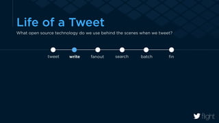 Life of a Tweet 
What open source technology do we use behind the scenes when we tweet? 
tweet write fanout search batch fin 
 