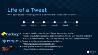 Life of a Tweet 
What open source technology do we use behind the scenes when we tweet? 
tweet write fanout search batch 
Hadoop is used for many things at Twitter, like counting words :) 
scribe logs, batch processing, recommendations, trends, user modeling and more! 
10,000+ hadoop servers, 100,000+ daily hadoop jobs,10M+ daily hadoop tasks 
Parquet is a columnar storage format for Hadoop 
https://parquet.incubator.apache.org 
Scalding is our Scala DSL for writing Hadoop jobs 
https://github.com/twitter/scalding 
! 
! 
fin 
 