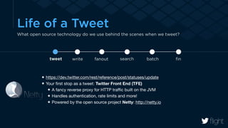 Life of a Tweet 
What open source technology do we use behind the scenes when we tweet? 
tweet write fanout search batch fin 
https://dev.twitter.com/rest/reference/post/statuses/update 
Your first stop as a tweet: Twitter Front End (TFE) 
A fancy reverse proxy for HTTP traffic built on the JVM 
Handles authentication, rate limits and more! 
Powered by the open source project Netty: http://netty.io 
 