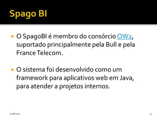 Razões para Adotar OSBIDe acordo com a Análise do Gartner :Redução de custos;Incorporar funcionalidades de BI em aplicações existentes;Complementar a infra-estrutura atual de BI para estender o uso de BI para mais usuários.24/07/20109