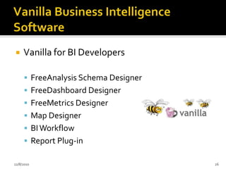 Jasper IntelligenceEstá disponível em duas licenças:GPL (BI para todos ou para a comunidade JasperSoft)Comercial (JasperSoft Professional Edition)Os usuários podem criar seus relatóriosA interface de usuário é baseado em uma aplicação web específica, sem o uso de portal24/07/201022