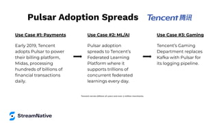 Pulsar Adoption Spreads
Tencent serves billions of users and over a million merchants.
Use Case #1: Payments
Early 2019, Tencent
adopts Pulsar to power
their billing platform,
Midas, processing
hundreds of billions of
ﬁnancial transactions
daily.
Use Case #2: ML/AI
Pulsar adoption
spreads to Tencent’s
Federated Learning
Platform where it
supports trillions of
concurrent federated
learnings every day.
Use Case #3: Gaming
Tencent’s Gaming
Department replaces
Kafka with Pulsar for
its logging pipeline.
 