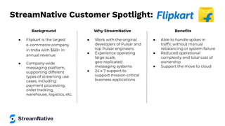 StreamNative Customer Spotlight:
Background
● Flipkart is the largest
e-commerce company
in India with $6B+ in
annual revenue
● Company-wide
messaging platform,
supporting different
types of streaming use
cases, including:
payment processing,
order tracking,
warehouse, logistics, etc.
Why StreamNative
● Work with the original
developers of Pulsar and
top Pulsar engineers
● Experience operating
large scale,
geo-replicated
messaging systems
● 24 x 7 support to
support mission-critical
business applications
Beneﬁts
● Able to handle spikes in
trafﬁc without manual
rebalancing or system failure
● Reduced operational
complexity and total cost of
ownership
● Support the move to cloud
 