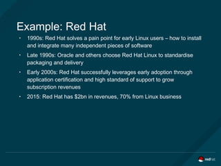 Example: Red Hat
• 1990s: Red Hat solves a pain point for early Linux users – how to install
and integrate many independent pieces of software
• Late 1990s: Oracle and others choose Red Hat Linux to standardise
packaging and delivery
• Early 2000s: Red Hat successfully leverages early adoption through
application certification and high standard of support to grow
subscription revenues
• 2015: Red Hat has $2bn in revenues, 70% from Linux business
 