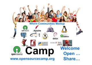 Where Communities Meetup




      Welcome
                         Welcome
      Camp                Open …
                      OpenShare… …
                          … Share
www.opensourcecamp.org
 