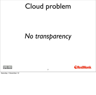 Cloud problem



                         No transparency



                                7

Saturday 1 December 12
 