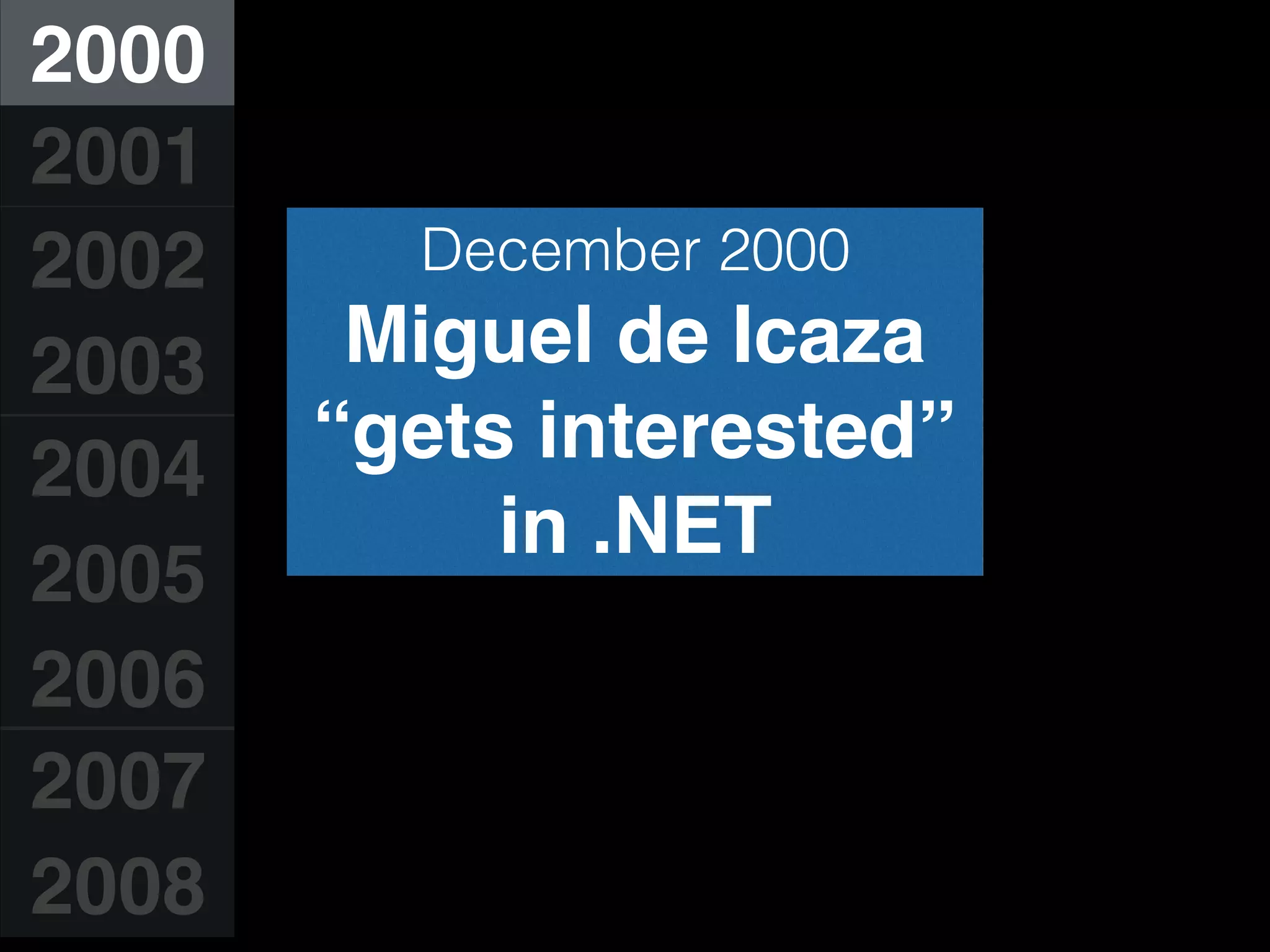 2000
2001
2002
2003
2004
2005
2006
2007
2008
December 2000
Miguel de Icaza
“gets interested”
in .NET
 