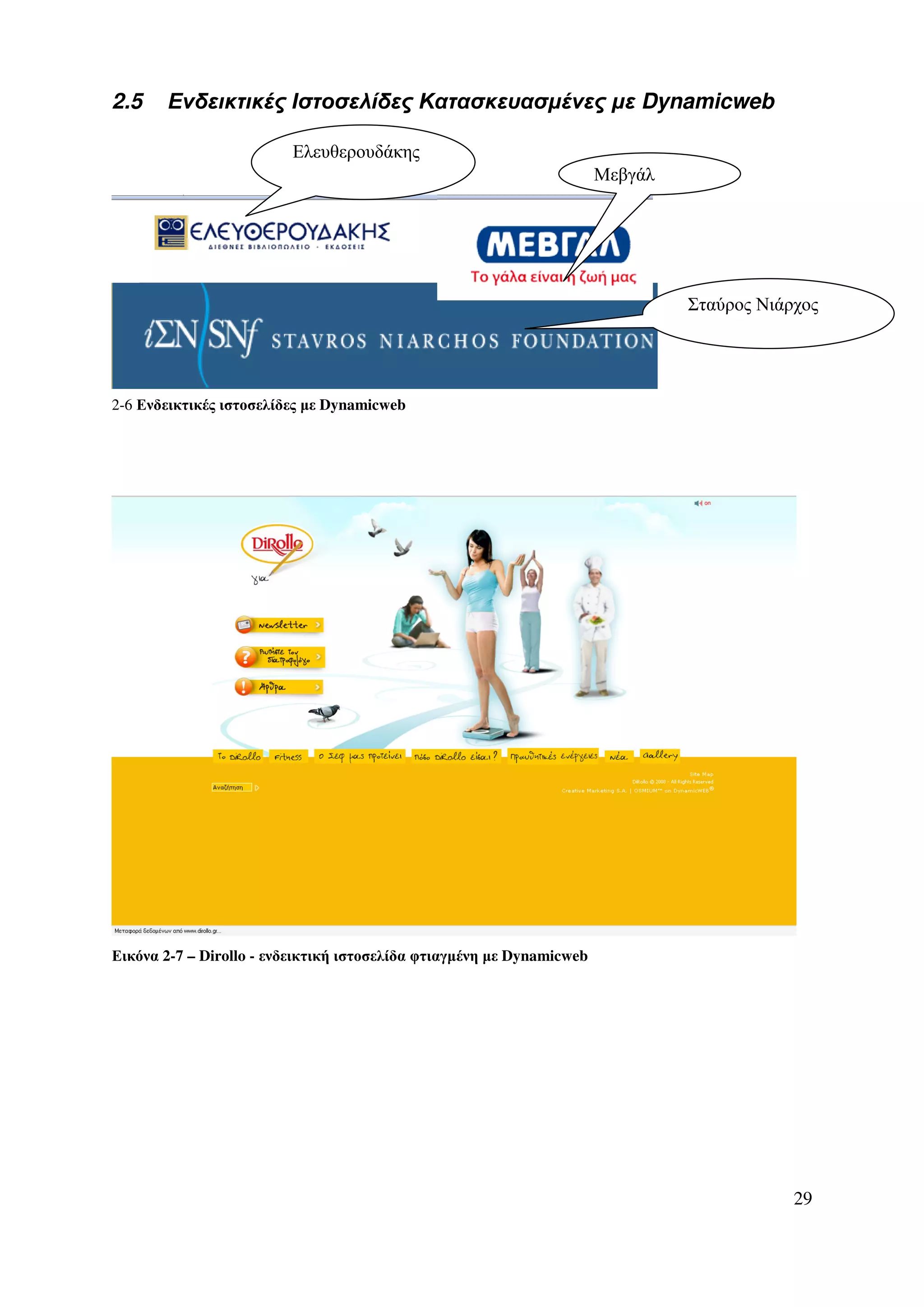 2.5    Ενδεικτικές Ιστοσελίδες Κατασκευασµένες µε Dynamicweb

                         Ελευθερουδάκης
                                                                       Μεβγάλ




                                                                                Σταύρος Νιάρχος




Ενδεικτικές ιστοσελίδες µε Dynamicweb
2-6 Ενδεικτικές ιστοσελίδες φτιαγµένες µε Dynamicweb




Εικόνα 2-7 – Dirollo - ενδεικτική ιστοσελίδα φτιαγµένη µε Dynamicweb




                                                                                            29
 
