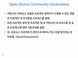 Open Source Community Governance
• 커뮤니티 거버넌스 모델은 프로젝트 참여자가 수행할 수 있는 역할
과 프로젝트 내 의사결정 프로세스를 설명.
• 또한 프로젝트 참여 및 프로젝트 팀 및 커뮤니티 내 의사소통 및 공
유 프로세스에 대한 기본규칙을 설명.
• 즉, 오픈소스 프로젝트가 혼란으로 빠져나가는 것을 방지하는 관
리모델. (Social framework)
25
 