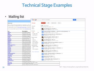 Technical Stage Examples
• Mailing list
Ref : https://mail.python.org/mailman/listinfo56
 