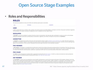 Open Source Stage Examples
• Roles and Responsibilities
Ref : https://www.apache.org/foundation/how-it-works.html67
 
