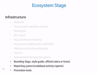 Ecosystem Stage
Infrastructure
• Web Site
• Source code repository system
• Mailing list
• IRC / slack
• Bug and feature tracking
• Documents collaboration tool(Wiki)
• Milestone and release tracking
• Forums
• Automated build and test system
• Branding (logo, style guide, official colors or fonts)
• Reporting system(codebase activity reports)
• Promotion tools
71
 