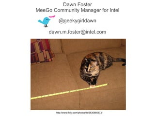 Dawn Foster
MeeGo Community Manager for Intel

          @geekygirldawn

     dawn.m.foster@intel.com




        http://w...