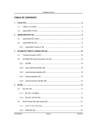 Installation Guide
Confidential Page 2 5/2/2013
TABLE OF CONTENTS
1 본 문서의 목적............................................................................................................................... 4
1.1 디렉토리 구조 아키텍처 ...................................................................................................... 4
1.2 JBoss EWS 구성 정보..................................................................................................... 4
2 JBOSS EWS 엔진의 설치............................................................................................................ 6
2.1 Jboss EWS 엔진 다운로드 ............................................................................................... 6
2.2 Jboss EWS 엔진 설치..................................................................................................... 8
2.2.1 Jboss EWS Tomcat 의 구동 ..................................................................................... 8
3 IIS 연동을 위한 TOMCAT CONNECTOR 설정 ........................................................................... 10
3.1 Tomcat Connector 다운로드......................................................................................... 10
3.2 IIS 연동을 위한 Tomcat Connector 사전 설정.................................................................. 14
3.2.1 압축 해제................................................................................................................. 14
3.2.2 isapi_redirect.properties 설정 ................................................................................ 15
3.2.3 uriworkermap.properties 설정................................................................................ 15
3.2.4 worker.properties 설정........................................................................................... 16
3.2.5 tomcat connector 최종 폴더 내용 ............................................................................. 16
4 IIS 설정..................................................................................................................................... 17
4.1 IIS 서비스 설치 .............................................................................................................. 17
4.1.1 IIS 서비스 기능 활성화............................................................................................... 17
4.1.2 IIS 서비스 정상 동작 확인........................................................................................... 19
4.2 IIS 에 Tomcat 연동 isapi module 설정........................................................................... 21
4.2.1 ISAPI 및 CGI 제한 설정 ....................................................................................... 21
4.2.2 ISAPI 필터 설정....................................................................................................... 23
 