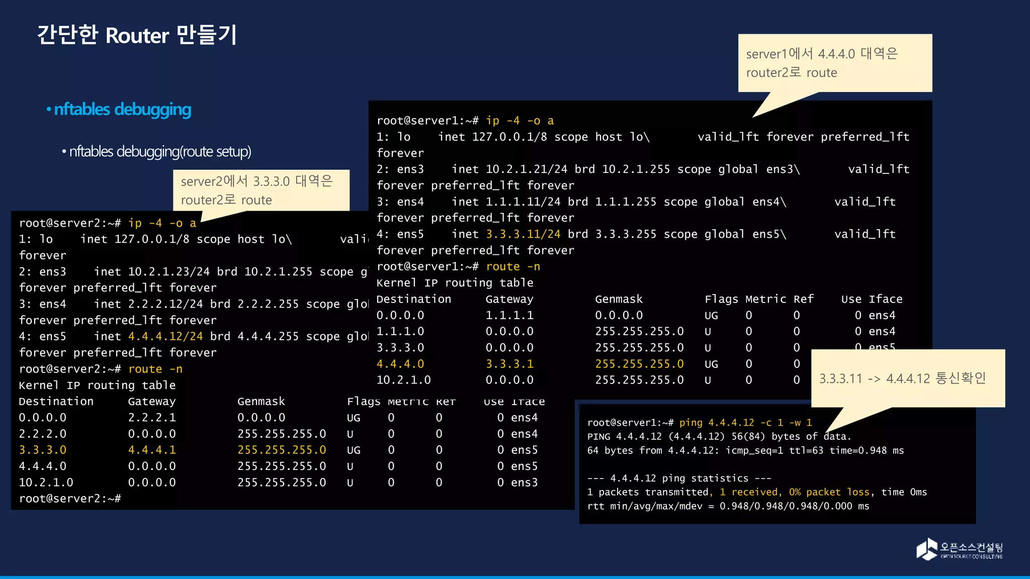 root@server2:~# ip -4 -o a
1: lo inet 127.0.0.1/8 scope host lo valid_lft forever preferred_lft
forever
2: ens3 inet 10.2.1.23/24 brd 10.2.1.255 scope global ens3 valid_lft
forever preferred_lft forever
3: ens4 inet 2.2.2.12/24 brd 2.2.2.255 scope global ens4 valid_lft
forever preferred_lft forever
4: ens5 inet 4.4.4.12/24 brd 4.4.4.255 scope global ens5 valid_lft
forever preferred_lft forever
root@server2:~# route -n
Kernel IP routing table
Destination Gateway Genmask Flags Metric Ref Use Iface
0.0.0.0 2.2.2.1 0.0.0.0 UG 0 0 0 ens4
2.2.2.0 0.0.0.0 255.255.255.0 U 0 0 0 ens4
3.3.3.0 4.4.4.1 255.255.255.0 UG 0 0 0 ens5
4.4.4.0 0.0.0.0 255.255.255.0 U 0 0 0 ens5
10.2.1.0 0.0.0.0 255.255.255.0 U 0 0 0 ens3
root@server2:~#
root@server1:~# ip -4 -o a
1: lo inet 127.0.0.1/8 scope host lo valid_lft forever preferred_lft
forever
2: ens3 inet 10.2.1.21/24 brd 10.2.1.255 scope global ens3 valid_lft
forever preferred_lft forever
3: ens4 inet 1.1.1.11/24 brd 1.1.1.255 scope global ens4 valid_lft
forever preferred_lft forever
4: ens5 inet 3.3.3.11/24 brd 3.3.3.255 scope global ens5 valid_lft
forever preferred_lft forever
root@server1:~# route -n
Kernel IP routing table
Destination Gateway Genmask Flags Metric Ref Use Iface
0.0.0.0 1.1.1.1 0.0.0.0 UG 0 0 0 ens4
1.1.1.0 0.0.0.0 255.255.255.0 U 0 0 0 ens4
3.3.3.0 0.0.0.0 255.255.255.0 U 0 0 0 ens5
4.4.4.0 3.3.3.1 255.255.255.0 UG 0 0 0 ens5
10.2.1.0 0.0.0.0 255.255.255.0 U 0 0 0 ens3
root@server1:~# ping 4.4.4.12 -c 1 -w 1
PING 4.4.4.12 (4.4.4.12) 56(84) bytes of data.
64 bytes from 4.4.4.12: icmp_seq=1 ttl=63 time=0.948 ms
--- 4.4.4.12 ping statistics ---
1 packets transmitted, 1 received, 0% packet loss, time 0ms
rtt min/avg/max/mdev = 0.948/0.948/0.948/0.000 ms
server1에서 4.4.4.0 대역은
router2로 route
server2에서 3.3.3.0 대역은
router2로 route
3.3.3.11 -> 4.4.4.12 통신확인
 