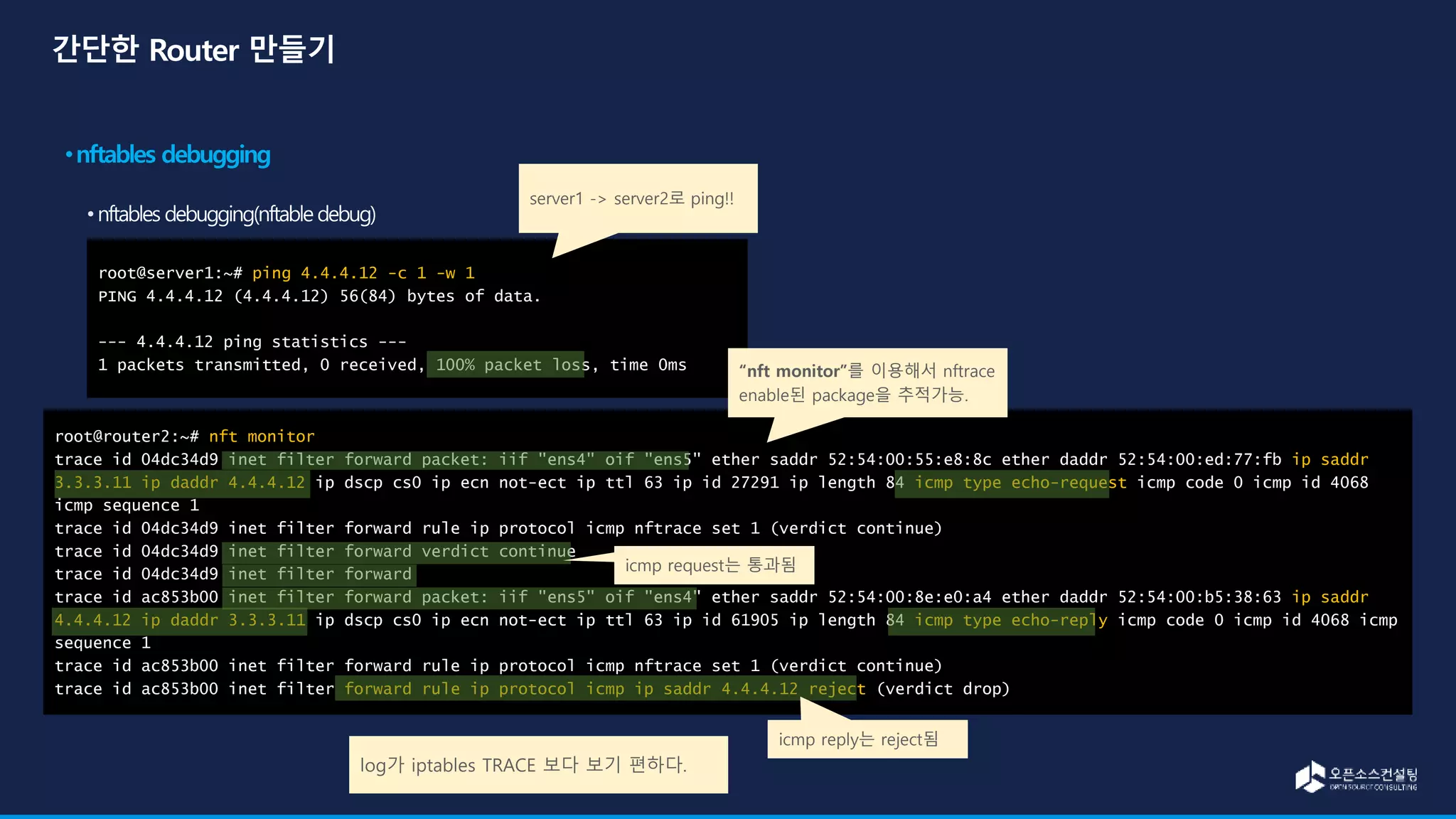 root@router2:~# nft monitor
trace id 04dc34d9 inet filter forward packet: iif "ens4" oif "ens5" ether saddr 52:54:00:55:e8:8c ether daddr 52:54:00:ed:77:fb ip saddr
3.3.3.11 ip daddr 4.4.4.12 ip dscp cs0 ip ecn not-ect ip ttl 63 ip id 27291 ip length 84 icmp type echo-request icmp code 0 icmp id 4068
icmp sequence 1
trace id 04dc34d9 inet filter forward rule ip protocol icmp nftrace set 1 (verdict continue)
trace id 04dc34d9 inet filter forward verdict continue
trace id 04dc34d9 inet filter forward
trace id ac853b00 inet filter forward packet: iif "ens5" oif "ens4" ether saddr 52:54:00:8e:e0:a4 ether daddr 52:54:00:b5:38:63 ip saddr
4.4.4.12 ip daddr 3.3.3.11 ip dscp cs0 ip ecn not-ect ip ttl 63 ip id 61905 ip length 84 icmp type echo-reply icmp code 0 icmp id 4068 icmp
sequence 1
trace id ac853b00 inet filter forward rule ip protocol icmp nftrace set 1 (verdict continue)
trace id ac853b00 inet filter forward rule ip protocol icmp ip saddr 4.4.4.12 reject (verdict drop)
root@server1:~# ping 4.4.4.12 -c 1 -w 1
PING 4.4.4.12 (4.4.4.12) 56(84) bytes of data.
--- 4.4.4.12 ping statistics ---
1 packets transmitted, 0 received, 100% packet loss, time 0ms
server1 -> server2로 ping!!
“nft monitor”를 이용해서 nftrace
enable된 package을 추적가능.
icmp request는 통과됨
icmp reply는 reject됨
log가 iptables TRACE 보다 보기 편하다.
 