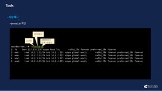 root@server1:~# ip -4 -o a
1: lo inet 127.0.0.1/8 scope host lo valid_lft forever preferred_lft forever
2: ens3 inet 10.2.1.21/24 brd 10.2.1.255 scope global ens3 valid_lft forever preferred_lft forever
3: ens4 inet 10.2.2.21/24 brd 10.2.2.255 scope global ens4 valid_lft forever preferred_lft forever
4: ens5 inet 10.2.3.21/24 brd 10.2.3.255 scope global ens5 valid_lft forever preferred_lft forever
5: ens6 inet 10.2.4.21/24 brd 10.2.4.255 scope global ens6 valid_lft forever preferred_lft forever
ipv4만
축약해서
address의
단축 커맨드
 
