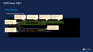 root@router2:~# nft insert rule inet filter forward ip protocol icmp meta nftrace set 1
root@router2:~# nft add rule inet filter forward ip protocol icmp ip saddr 4.4.4.12 reject
root@router2:~# nft list chain inet filter forward --handle
table inet filter {
chain forward {
type filter hook forward priority 0; policy accept;
ip protocol icmp nftrace set 1 # handle 22
ip protocol icmp ip saddr 4.4.4.12 reject # handle 12
}
}
insert는 rule을 맨
위에다 만든다.
forward chain에
모든 icmp protocol
(filter)
nftrace를 enable
(action)
위에서 부터 아래로
action이 적용됨.
handle number는
순서와 상관없음.
add는 rule을 맨
아래에다 만든다.
 