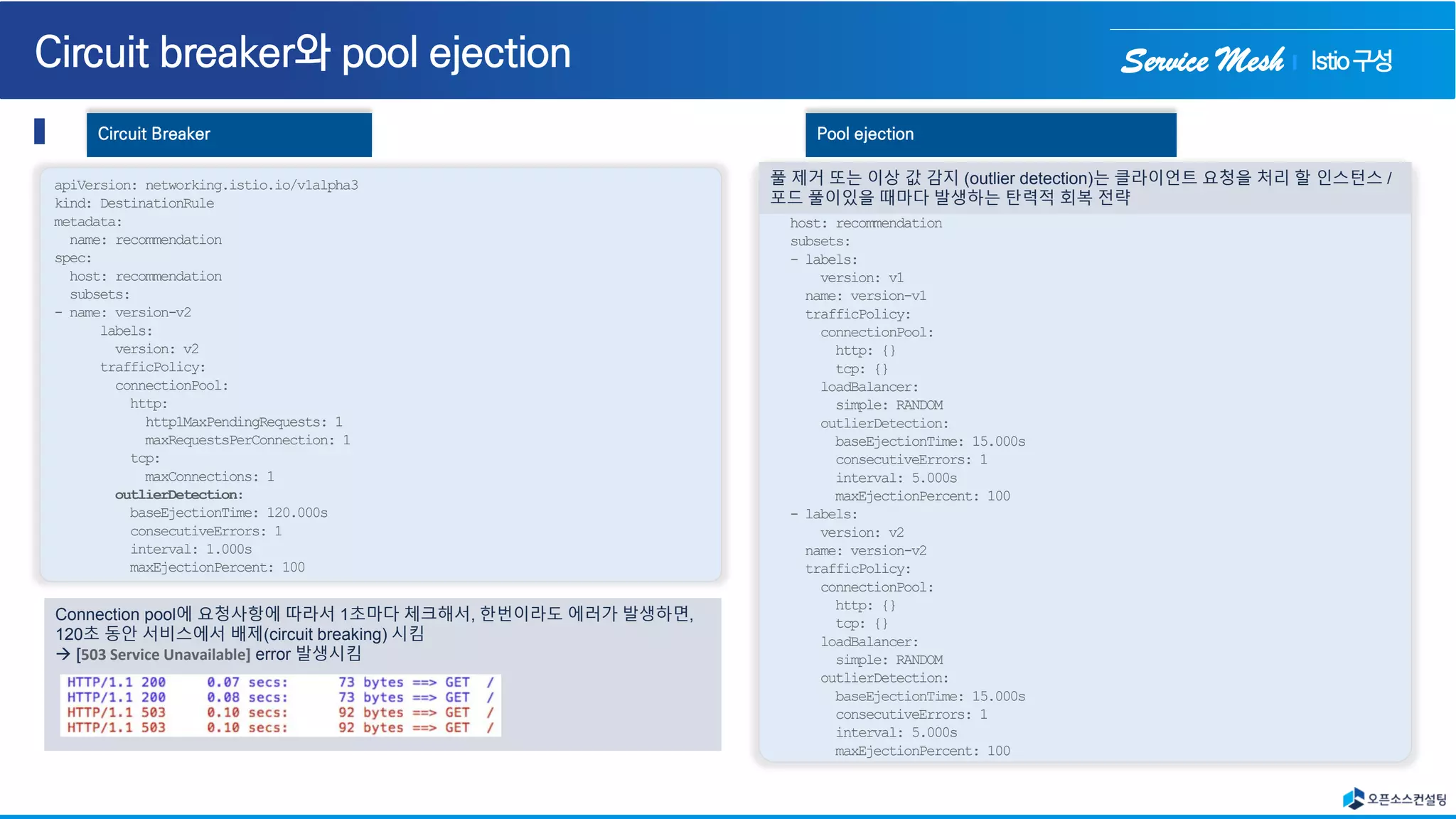 Service Mesh
apiVersion: networking.istio.io/v1alpha3
kind: DestinationRule
metadata:
name: recommendation
spec:
host: recommendation
subsets:
- name: version-v2
labels:
version: v2
trafficPolicy:
connectionPool:
http:
http1MaxPendingRequests: 1
maxRequestsPerConnection: 1
tcp:
maxConnections: 1
outlierDetection:
baseEjectionTime: 120.000s
consecutiveErrors: 1
interval: 1.000s
maxEjectionPercent: 100
Circuit Breaker
name: recommendation
spec:
host: recommendation
subsets:
- labels:
version: v1
name: version-v1
trafficPolicy:
connectionPool:
http: {}
tcp: {}
loadBalancer:
simple: RANDOM
outlierDetection:
baseEjectionTime: 15.000s
consecutiveErrors: 1
interval: 5.000s
maxEjectionPercent: 100
- labels:
version: v2
name: version-v2
trafficPolicy:
connectionPool:
http: {}
tcp: {}
loadBalancer:
simple: RANDOM
outlierDetection:
baseEjectionTime: 15.000s
consecutiveErrors: 1
interval: 5.000s
maxEjectionPercent: 100
Pool ejection
풀 제거 또는 이상 값 감지 (outlier detection)는 클라이언트 요청을 처리 할 인스턴스 /
포드 풀이있을 때마다 발생하는 탄력적 회복 전략
Connection pool에 요청사항에 따라서 1초마다 체크해서, 한번이라도 에러가 발생하면,
120초 동안 서비스에서 배제(circuit breaking) 시킴
→ [503 Service Unavailable] error 발생시킴
Istio구성
 