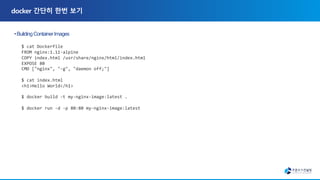 $ cat Dockerfile
FROM nginx:1.11-alpine
COPY index.html /usr/share/nginx/html/index.html
EXPOSE 80
CMD ["nginx", "-g", "daemon off;"]
$ cat index.html
<h1>Hello World</h1>
$ docker build -t my-nginx-image:latest .
$ docker run -d -p 80:80 my-nginx-image:latest
 