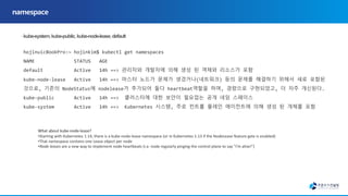 hojinuicBookPro:~ hojinkim$ kubectl get namespaces
NAME STATUS AGE
default Active 14h ==> 관리자와 개발자에 의해 생성 된 객체와 리소스가 포함
kube-node-lease Active 14h ==> 마스터 노드가 문제가 생겼거나(네트워크) 등의 문제를 해결하기 위해서 새로 포함된
것으로, 기존의 NodeStatus에 nodelease가 추가되어 둘다 heartbeat역할을 하며, 경량으로 구현되었고, 더 자주 개신된다.
kube-public Active 14h ==> 클러스터에 대한 보안이 필요업는 공개 네임 스페이스
kube-system Active 14h ==> Kubernetes 시스템, 주로 컨트롤 플레인 에이전트에 의해 생성 된 개체를 포함
What about kube-node-lease?
•Starting with Kubernetes 1.14, there is a kube-node-lease namespace (or in Kubernetes 1.13 if the NodeLease feature gate is enabled)
•That namespace contains one Lease object per node
•Node leases are a new way to implement node heartbeats (i.e. node regularly pinging the control plane to say "I'm alive!")
 