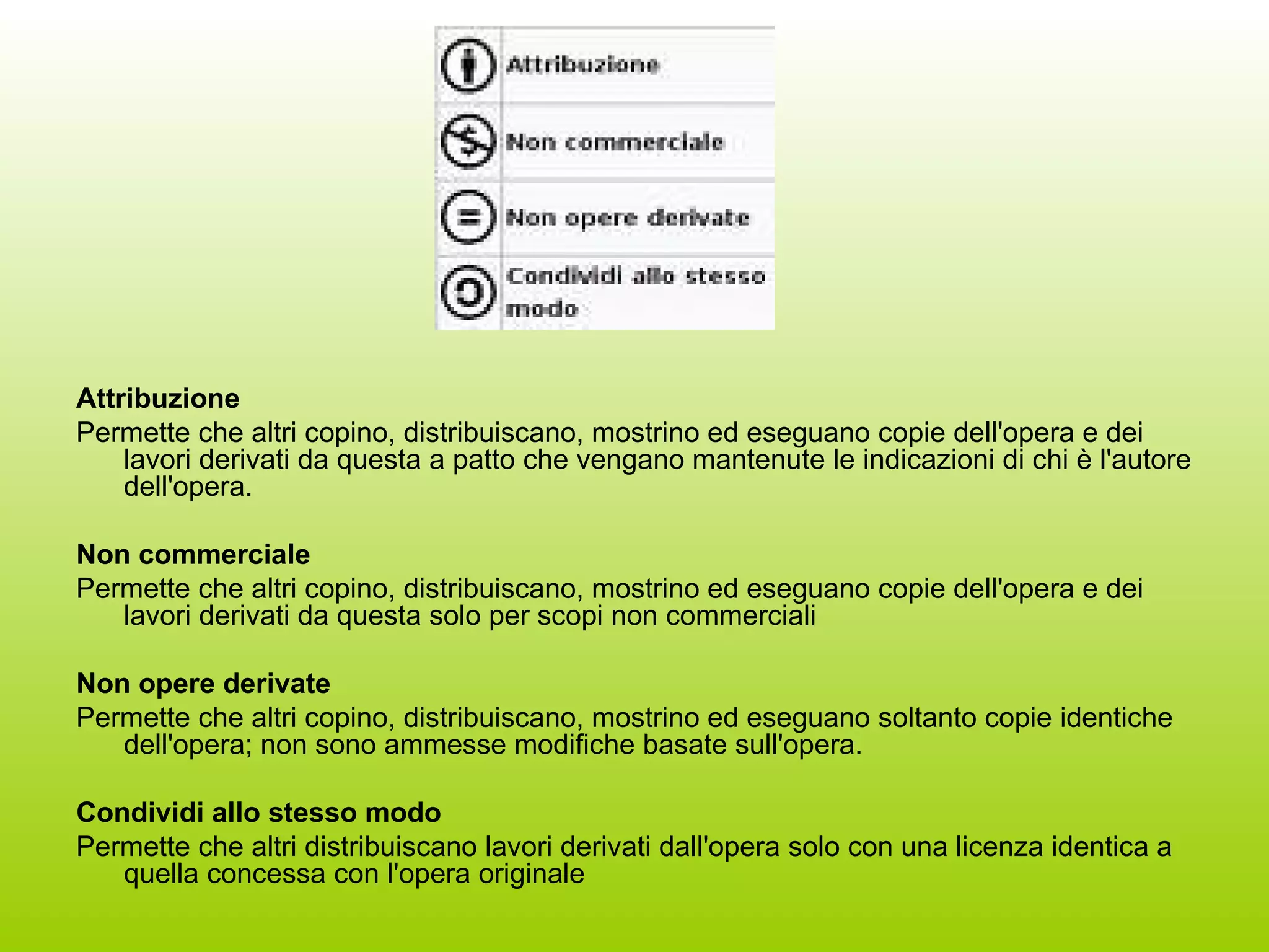   Attribuzione Permette che altri copino, distribuiscano, mostrino ed eseguano copie dell'opera e dei lavori derivati da questa a patto che vengano mantenute le indicazioni di chi è l'autore dell'opera.   Non commerciale Permette che altri copino, distribuiscano, mostrino ed eseguano copie dell'opera e dei lavori derivati da questa solo per scopi non commerciali Non opere derivate Permette che altri copino, distribuiscano, mostrino ed eseguano soltanto copie identiche dell'opera; non sono ammesse modifiche basate sull'opera.   Condividi allo stesso modo Permette che altri distribuiscano lavori derivati dall'opera solo con una licenza identica a quella concessa con l'opera originale 