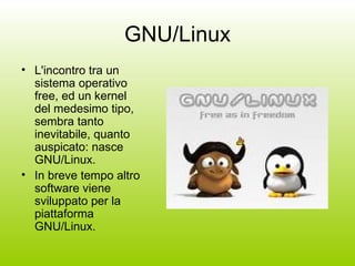 GNU/Linux L'incontro tra un sistema operativo free, ed un kernel del medesimo tipo, sembra tanto inevitabile, quanto auspicato: nasce GNU/Linux.  In breve tempo altro software viene sviluppato per la piattaforma GNU/Linux. 