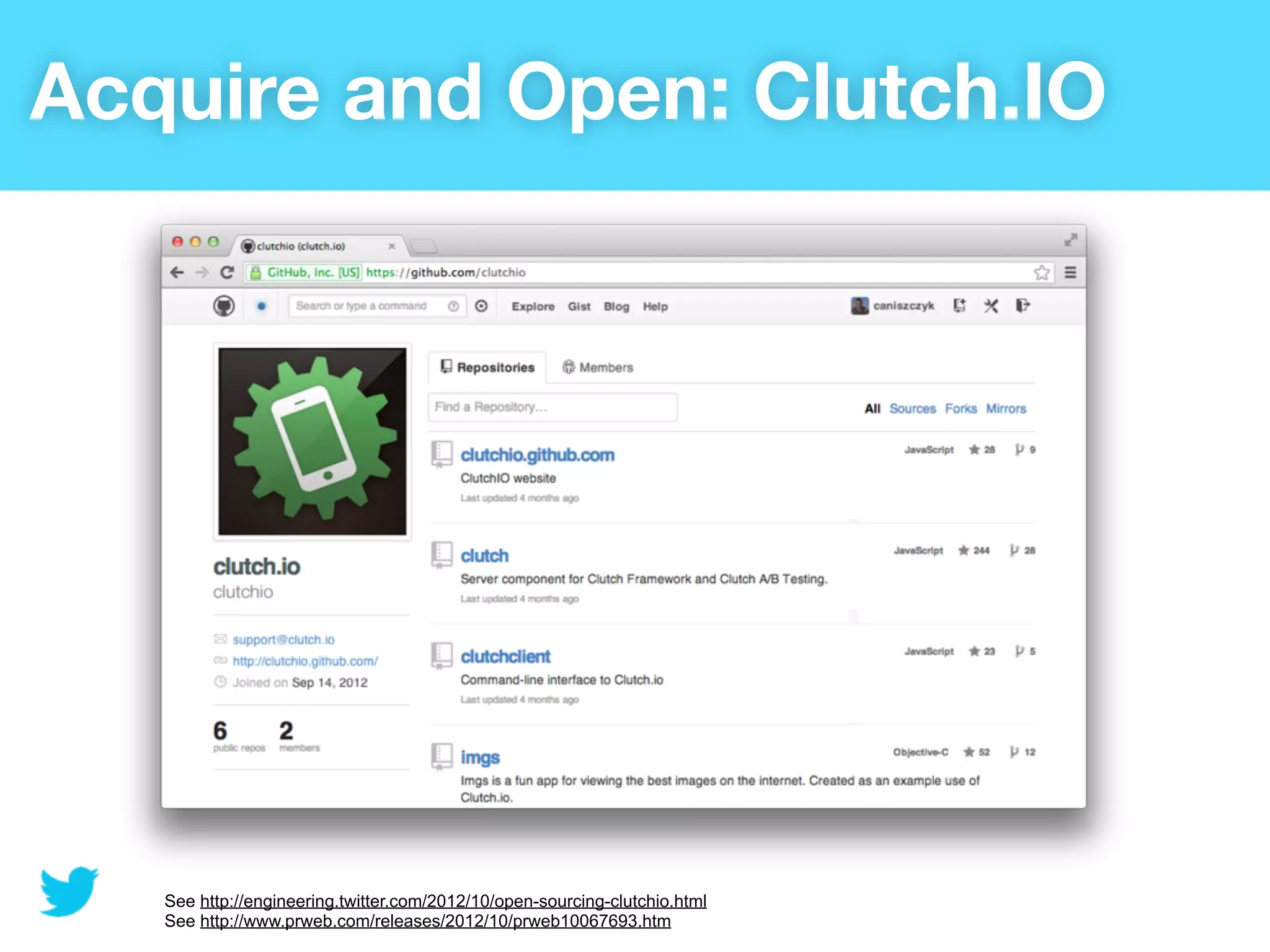 Acquire and Open: Clutch.IO




   See http://engineering.twitter.com/2012/10/open-sourcing-clutchio.html
   See http://www.prweb.com/releases/2012/10/prweb10067693.htm
 