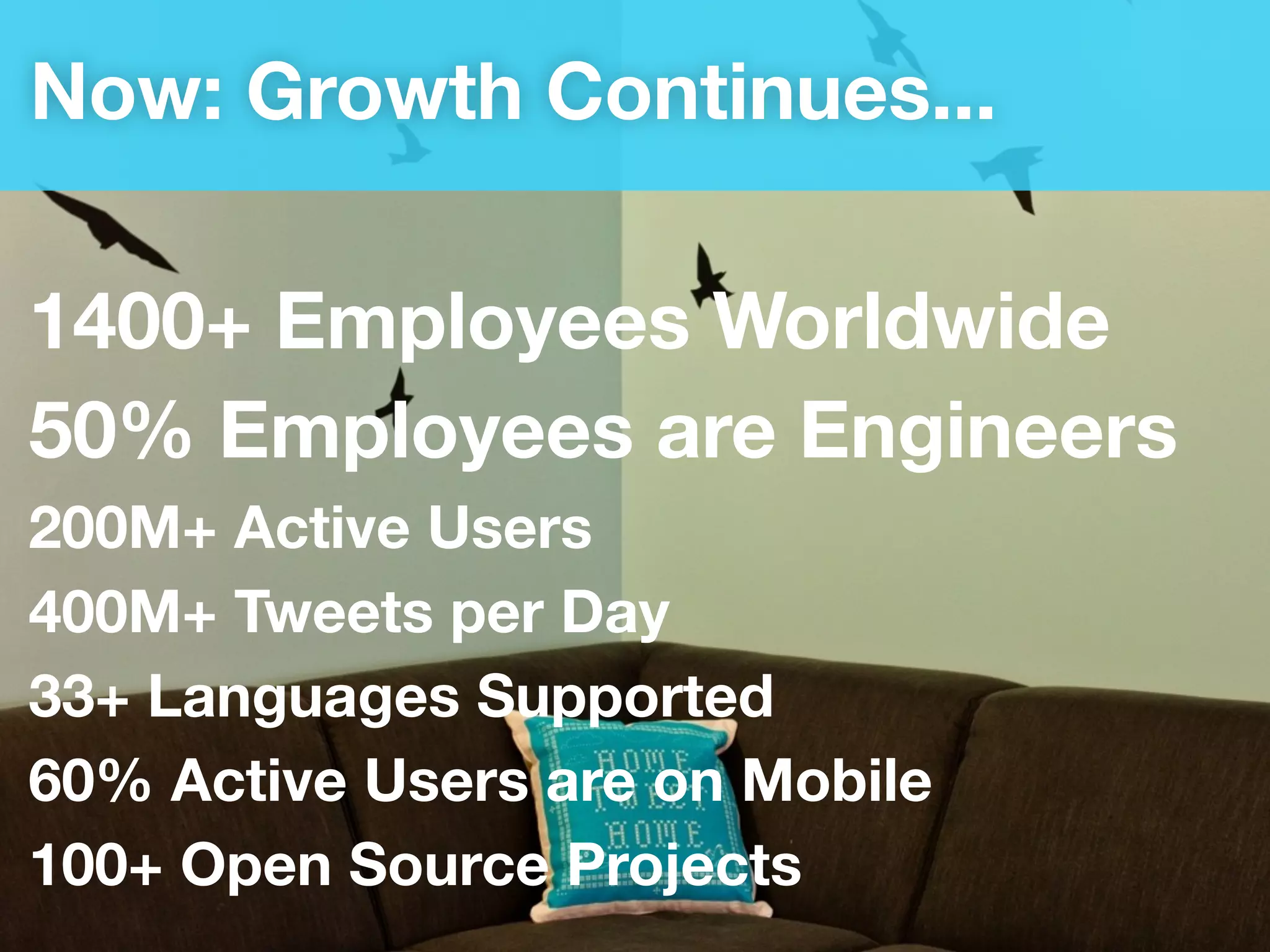 Now: Growth Continues...

1400+ Employees Worldwide
50% Employees are Engineers
200M+ Active Users
400M+ Tweets per Day
33+ Languages Supported
60% Active Users are on Mobile
100+ Open Source Projects
 