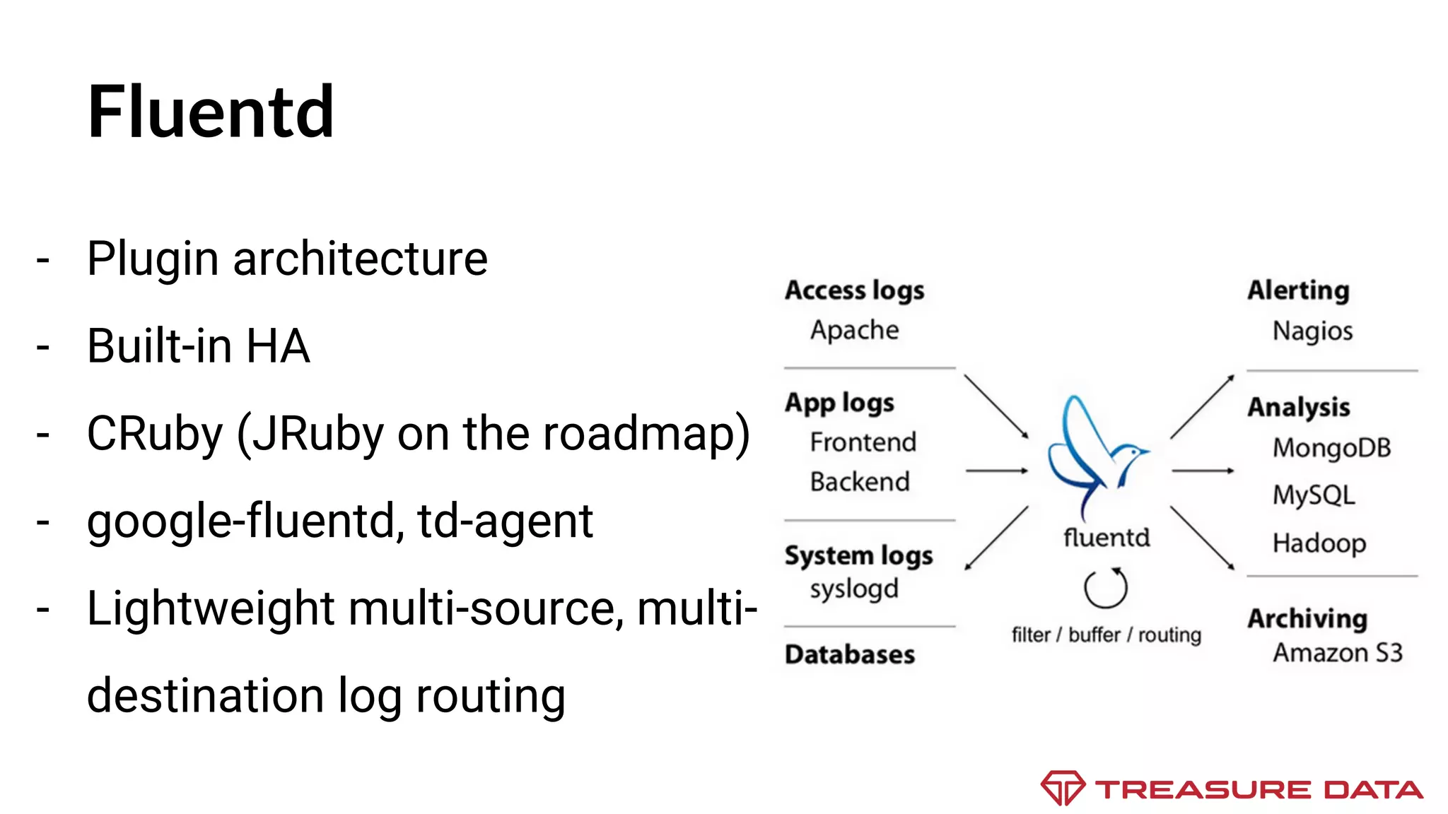 Fluentd - Plugin architecture - Built-in HA - CRuby (JRuby on the roadmap) - google-fluentd, td-agent - Lightweight multi-source, multi- destination log routing 