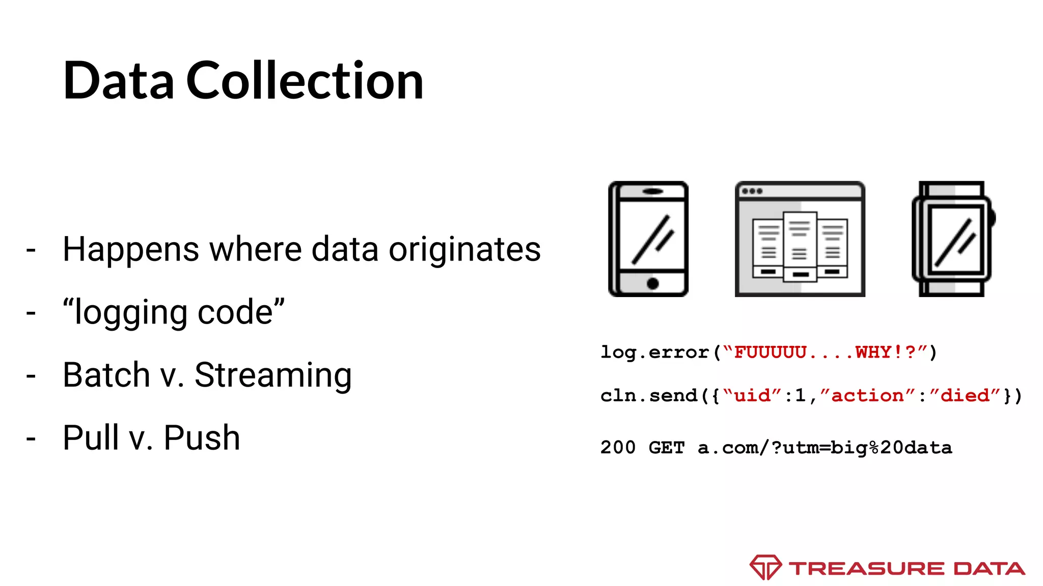 Data Collection - Happens where data originates - “logging code” - Batch v. Streaming - Pull v. Push log.error(“FUUUUU....WHY!?”) cln.send({“uid”:1,”action”:”died”}) 200 GET a.com/?utm=big%20data 