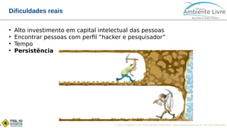 © 2017, Ambiente Livre. Todos direitos reservados. www.ambientelivre.com.br +55 (41) 3308-34386
Dificuldades reais
●
Alto investimento em capital intelectual das pessoas
●
Encontrar pessoas com perfil “hacker e pesquisador”
●
Tempo
●
Persistência
 