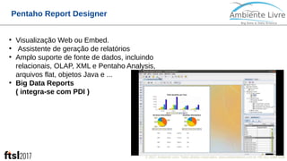 © 2017, Ambiente Livre. Todos direitos reservados. www.ambientelivre.com.br +55 (41) 3308-34383
Pentaho Report Designer
●
Visualização Web ou Embed.
●
Assistente de geração de relatórios
●
Amplo suporte de fonte de dados, incluindo
relacionais, OLAP, XML e Pentaho Analysis,
arquivos flat, objetos Java e ...
●
Big Data Reports
( integra-se com PDI )
 