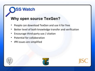 Why open source TexGen?
•   People can download TexGen and use it for free
•   Better level of both knowledge transfer and verification
•   Encourage third-party use / citation
•   Potential for collaboration
•   IPR issues are simplified
 