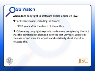 When does copyright in software expire under UK law?
For literary works including software:
   70 years after the death of the author
 Calculating copyright expiry is made more complex by the fact
that the duration has changed over the last 20 years. Luckily in
the case of software its novelty and relatively short shelf-life
mitigate this.
 