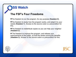 The FSF's Four Freedoms
The freedom to run the program, for any purpose (freedom 0).
The freedom to study how the progra...