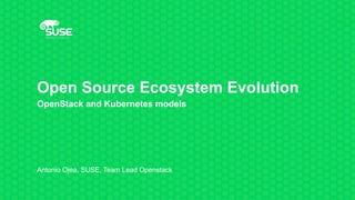 Open Source Ecosystem Evolution
OpenStack and Kubernetes models
Antonio Ojea, SUSE, Team Lead Openstack
 