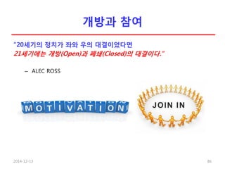 개방과 참여
“20세기의 정치가 좌와 우의 대결이었다면
21세기에는 개방(Open)과 폐쇄(Closed)의 대결이다.”
– ALEC ROSS
2014-12-13 86
 