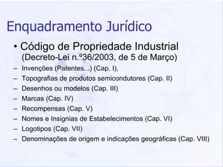 Enquadramento Jurídico •  Código de Propriedade Industrial  (Decreto-Lei n.º36/2003, de 5 de Março) – Invenções (Patentes...) (Cap. I), – Topografias de produtos semicondutores (Cap. II) – Desenhos ou modelos (Cap. III) – Marcas (Cap. IV) – Recompensas (Cap. V) – Nomes e Insignias de Estabelecimentos (Cap. VI) – Logotipos (Cap. VII) – Denominações de origem e indicações geográficas (Cap. VIII) 