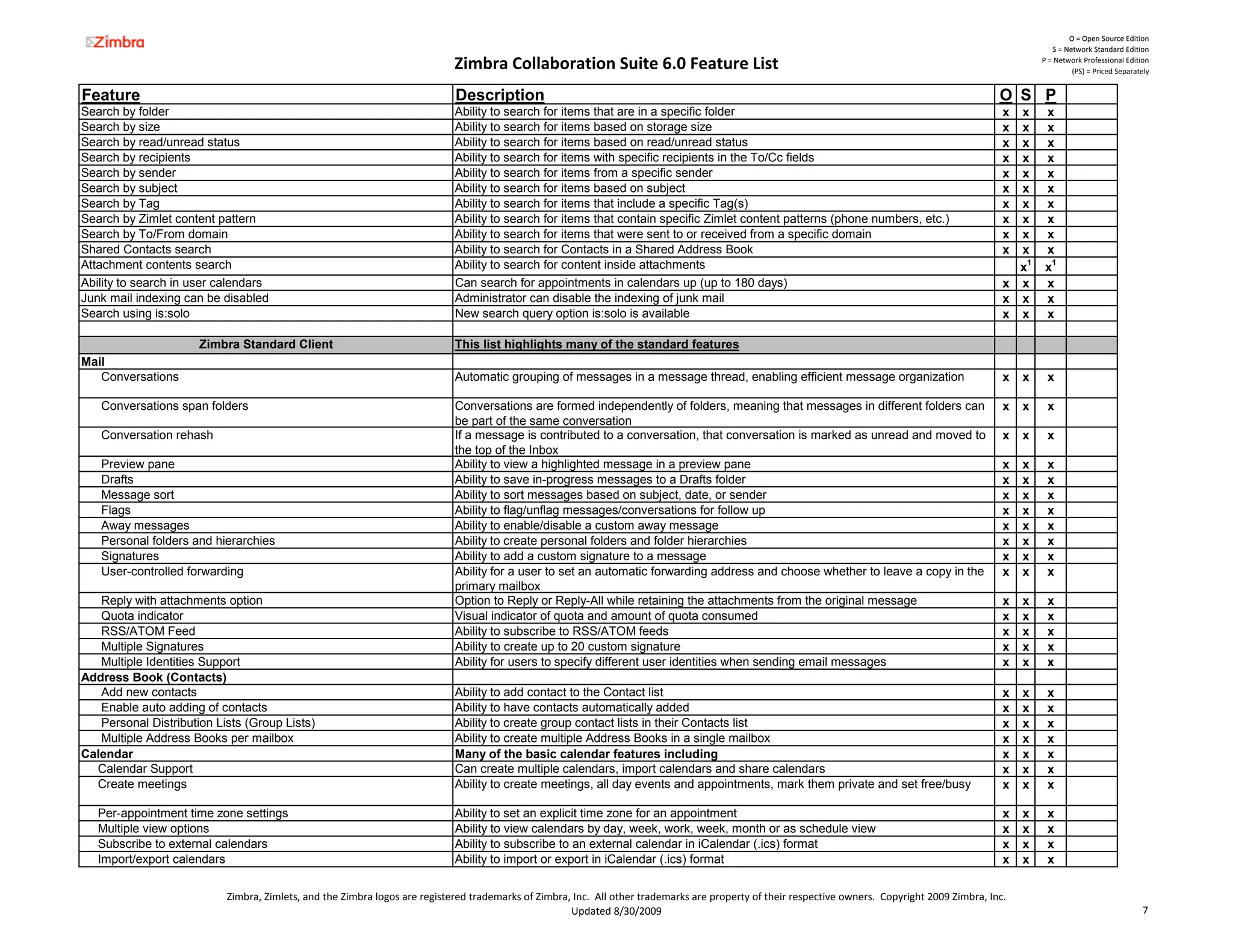 O = Open Source Edition
                                                                                                                                                                                                                S = Network Standard Edition

                                                                            Zimbra Collaboration Suite 6.0 Feature List                                                                                      P = Network Professional Edition
                                                                                                                                                                                                                      (PS) = Priced Separately


Feature                                                                      Description                                                                                                            O S P
Search by folder                                                             Ability to search for items that are in a specific folder                                                               x x      x
Search by size                                                               Ability to search for items based on storage size                                                                       x x      x
Search by read/unread status                                                 Ability to search for items based on read/unread status                                                                 x x      x
Search by recipients                                                         Ability to search for items with specific recipients in the To/Cc fields                                                x x      x
Search by sender                                                             Ability to search for items from a specific sender                                                                      x x      x
Search by subject                                                            Ability to search for items based on subject                                                                            x x      x
Search by Tag                                                                Ability to search for items that include a specific Tag(s)                                                              x x      x
Search by Zimlet content pattern                                             Ability to search for items that contain specific Zimlet content patterns (phone numbers, etc.)                         x x      x
Search by To/From domain                                                     Ability to search for items that were sent to or received from a specific domain                                        x x      x
Shared Contacts search                                                       Ability to search for Contacts in a Shared Address Book                                                                 x x      x
Attachment contents search                                                   Ability to search for content inside attachments                                                                          x1     x1
Ability to search in user calendars                                          Can search for appointments in calendars up (up to 180 days)                                                            x x      x
Junk mail indexing can be disabled                                           Administrator can disable the indexing of junk mail                                                                     x x      x
Search using is:solo                                                         New search query option is:solo is available                                                                            x x      x

                      Zimbra Standard Client                                 This list highlights many of the standard features
Mail
   Conversations                                                             Automatic grouping of messages in a message thread, enabling efficient message organization                             x   x    x

   Conversations span folders                                                Conversations are formed independently of folders, meaning that messages in different folders can                       x   x    x
                                                                             be part of the same conversation
   Conversation rehash                                                       If a message is contributed to a conversation, that conversation is marked as unread and moved to                       x   x    x
                                                                             the top f th Inbox
                                                                             th t of the I b
   Preview pane                                                              Ability to view a highlighted message in a preview pane                                                                 x   x    x
   Drafts                                                                    Ability to save in-progress messages to a Drafts folder                                                                 x   x    x
   Message sort                                                              Ability to sort messages based on subject, date, or sender                                                              x   x    x
   Flags                                                                     Ability to flag/unflag messages/conversations for follow up                                                             x   x    x
   Away messages                                                             Ability to enable/disable a custom away message                                                                         x   x    x
   Personal folders and hierarchies                                          Ability to create personal folders and folder hierarchies                                                               x   x    x
   Signatures                                                                Ability to add a custom signature to a message                                                                          x   x    x
   User-controlled forwarding                                                Ability for a user to set an automatic forwarding address and choose whether to leave a copy in the                     x   x    x
                                                                             primary mailbox
   Reply with attachments option                                             Option to Reply or Reply-All while retaining the attachments from the original message                                  x   x    x
   Quota indicator                                                           Visual indicator of quota and amount of quota consumed                                                                  x   x    x
   RSS/ATOM Feed                                                             Ability to subscribe to RSS/ATOM feeds                                                                                  x   x    x
   Multiple Signatures                                                       Ability to create up to 20 custom signature                                                                             x   x    x
   Multiple Identities Support                                               Ability for users to specify different user identities when sending email messages                                      x   x    x
Address Book (Contacts)
   Add new contacts                                                          Ability to add contact to the Contact list                                                                              x   x    x
   Enable auto adding of contacts                                            Ability to have contacts automatically added                                                                            x   x    x
   Personal Distribution Lists (Group Lists)                                 Ability to create group contact lists in their Contacts list                                                            x   x    x
   Multiple Address Books per mailbox                                        Ability to create multiple Address Books in a single mailbox                                                            x   x    x
Calendar                                                                     Many of the basic calendar features including                                                                           x   x    x
  Calendar Support                                                           Can create multiple calendars, import calendars and share calendars                                                     x   x    x
  Create meetings                                                            Ability to create meetings, all day events and appointments, mark them private and set free/busy                        x   x    x

   Per-appointment time zone settings                                        Ability to set an explicit time zone for an appointment                                                                 x   x    x
   Multiple view options                                                     Ability to view calendars by day, week, work, week, month or as schedule view                                           x   x    x
   Subscribe to external calendars                                           Ability to subscribe to an external calendar in iCalendar (.ics) format                                                 x   x    x
   Import/export calendars                                                   Ability to import or export in iCalendar (.ics) format                                                                  x   x    x

                           Zimbra, Zimlets, and the Zimbra logos are registered trademarks of Zimbra, Inc.  All other trademarks are property of their respective owners.  Copyright 2009 Zimbra, Inc.
                                                                                                     Updated 8/30/2009                                                                                                                     7
 