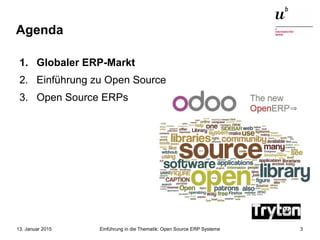 Einführung in die Thematik: Open Source ERP Systeme13. Januar 2015 3
Agenda
1. Globaler ERP-Markt
2. Einführung zu Open Source
3. Open Source ERPs
 