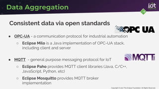 Copyright © 2017 The Eclipse Foundation. All Rights Reserved
Data Aggregation
Consistent data via open standards
● OPC-UA - a communication protocol for industrial automation
○ Eclipse Milo is a Java implementation of OPC-UA stack,
including client and server
● MQTT - general purpose messaging protocol for IoT
○ Eclipse Paho provides MQTT client libraries (Java, C/C++,
JavaScript, Python, etc)
○ Eclipse Mosquitto provides MQTT broker
implementation
 