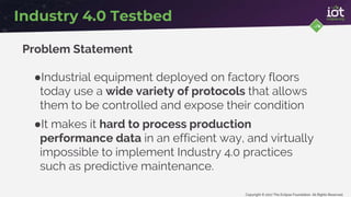 Copyright © 2017 The Eclipse Foundation. All Rights Reserved
Industry 4.0 Testbed
Problem Statement
●Industrial equipment deployed on factory floors
today use a wide variety of protocols that allows
them to be controlled and expose their condition
●It makes it hard to process production
performance data in an efficient way, and virtually
impossible to implement Industry 4.0 practices
such as predictive maintenance.
 