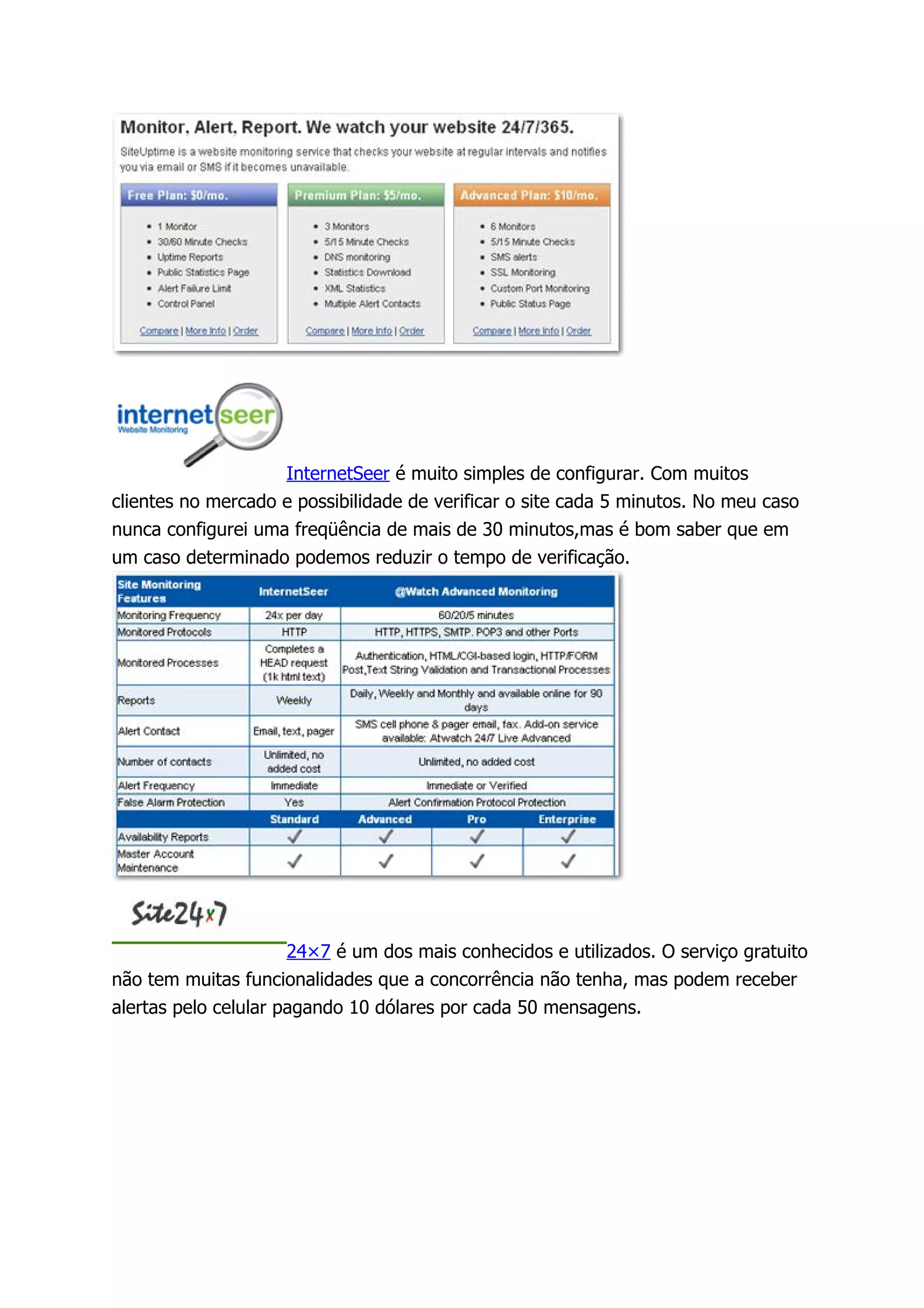 InternetSeer é muito simples de configurar. Com muitos
clientes no mercado e possibilidade de verificar o site cada 5 minutos. No meu caso
nunca configurei uma freqüência de mais de 30 minutos,mas é bom saber que em
um caso determinado podemos reduzir o tempo de verificação.




                      24×7 é um dos mais conhecidos e utilizados. O serviço gratuito
não tem muitas funcionalidades que a concorrência não tenha, mas podem receber
alertas pelo celular pagando 10 dólares por cada 50 mensagens.
 