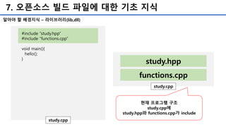 7. 오픈소스 빌드 파일에 대한 기초 지식
#include “study.hpp”
#include “functions.cpp”
void main(){
hello();
}
study.cpp
study.cpp
study.hpp
functions.cpp
현재 프로그램 구조
study.cpp에
study.hpp와 functions.cpp가 include
알아야 할 배경지식 – 라이브러리(lib,dll)
 