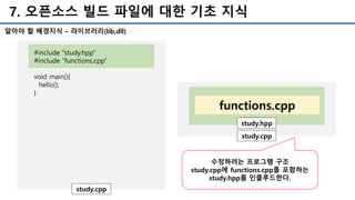 7. 오픈소스 빌드 파일에 대한 기초 지식
#include “study.hpp”
#include “functions.cpp”
void main(){
hello();
}
study.cpp
study.cpp
functions.cpp
수정하려는 프로그램 구조
study.cpp에 functions.cpp를 포함하는
study.hpp를 인클루드한다.
study.hpp
알아야 할 배경지식 – 라이브러리(lib,dll)
 