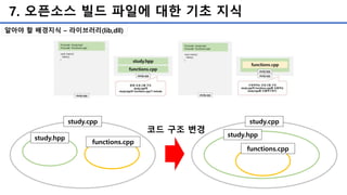 7. 오픈소스 빌드 파일에 대한 기초 지식
study.cpp
study.hpp
functions.cpp
study.cpp
study.hpp
functions.cpp
코드 구조 변경
알아야 할 배경지식 – 라이브러리(lib,dll)
 