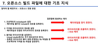 7. 오픈소스 빌드 파일에 대한 기초 지식
알아야 할 배경지식 – 오픈소스 연동 방법
1. 프로젝트의 includepath 설정
- 헤더파일 폴더인 include의 경로를 등록한다.
2. 가져올 라이브러리의 경로를 설정
- 헤더파일과 연결된 라이브러리의 경로를 등록한다
3. 불러올 라이브러리를 설정한다.
(visual studio에서는 추가 종속성이라 한다)
- 등록한 라이브러리 폴더 내에 존재하는 lib 파일들 중
프로젝트에 가져올 lib 파일을 설정한다.
잘못할때 발생하는 에러
헤더파일을 찾지 못한다.
라이브러리를 호출하지 못한다.
->link 에러
라이브러리를 호출하지 못한다.
->link 에러
 