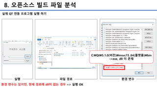 8. 오픈소스 빌드 파일 분석
환경 변수는 있지만, 현재 경로에 dll이 없는 경우 => 실행 OK
실행 파일 경로 환경 변수
C:Qt5.1.0(버전)msvc15_64(플랫폼)bin
->exe, dll 이 존재
실제 QT 연동 프로그램 실행 하기
 